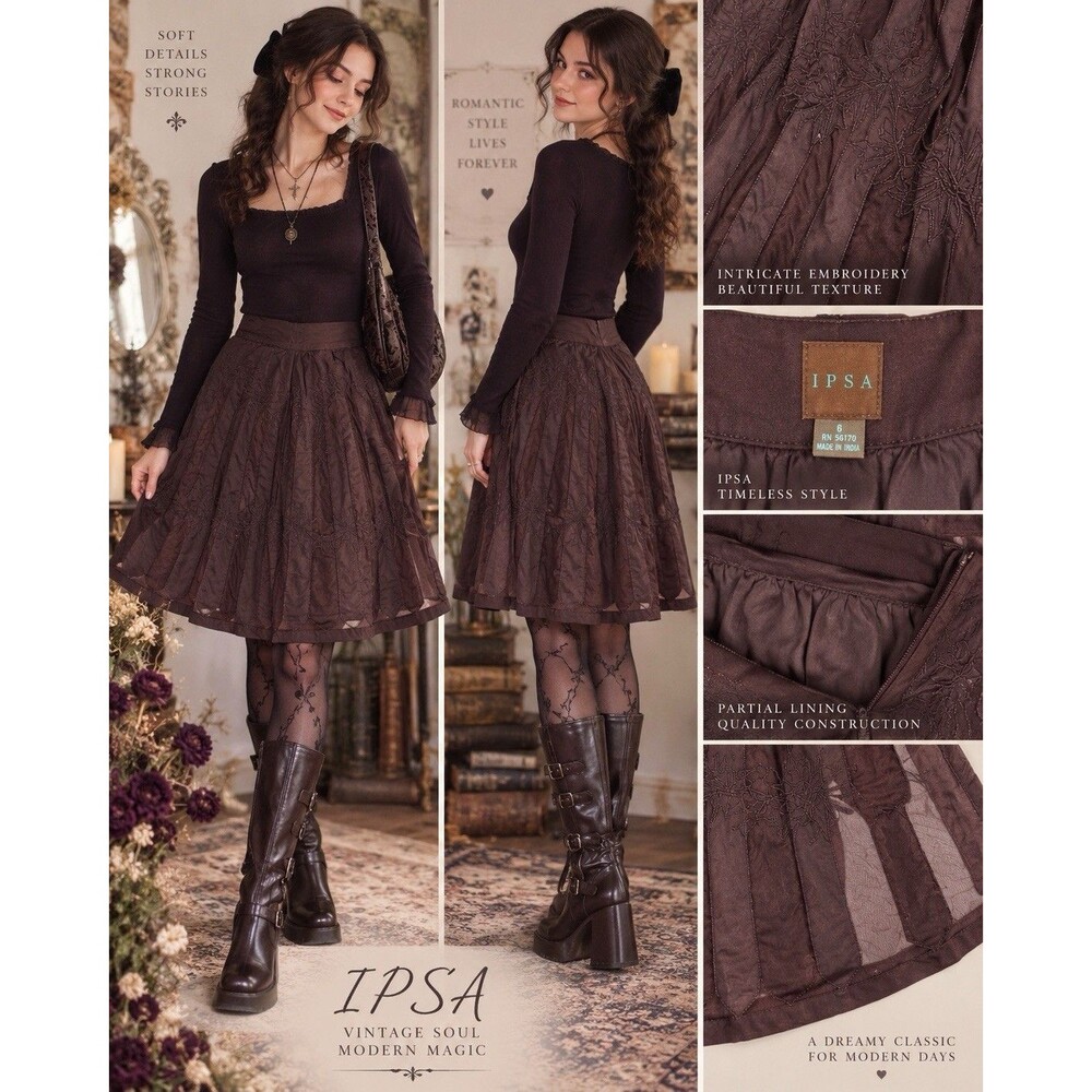 Vintage Y2K Anthropologie IPSA Skirt W 6 Brown Embroidered Tulle Dark Academia